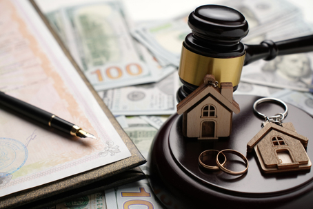 house keychains, documents, money, and a gavel
